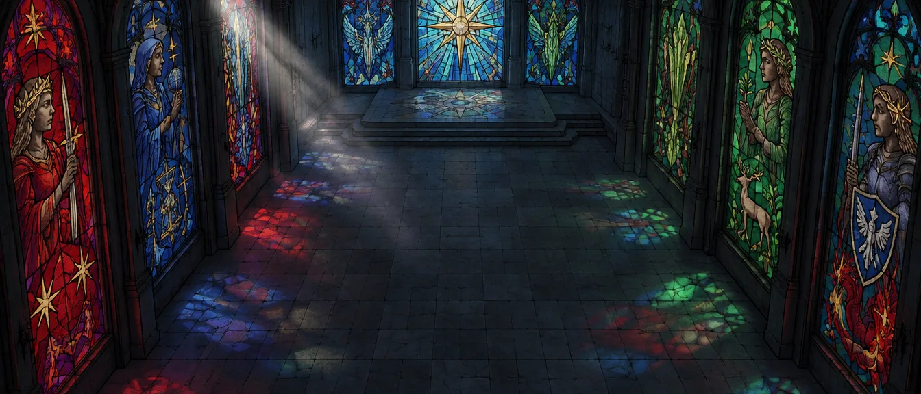Lantai nave katedral yang gelap. Di ujungnya, Shard Warden berdiri di panggung batu dengan perisai pecahan kaca.